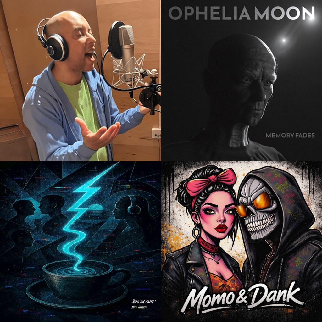 Collage de portadas: Mark – Andrew Johnson Need You; Ophelia – Moon Memory Fades; Nico – Rizzuto solo un caffe; MomoBaby – the testament