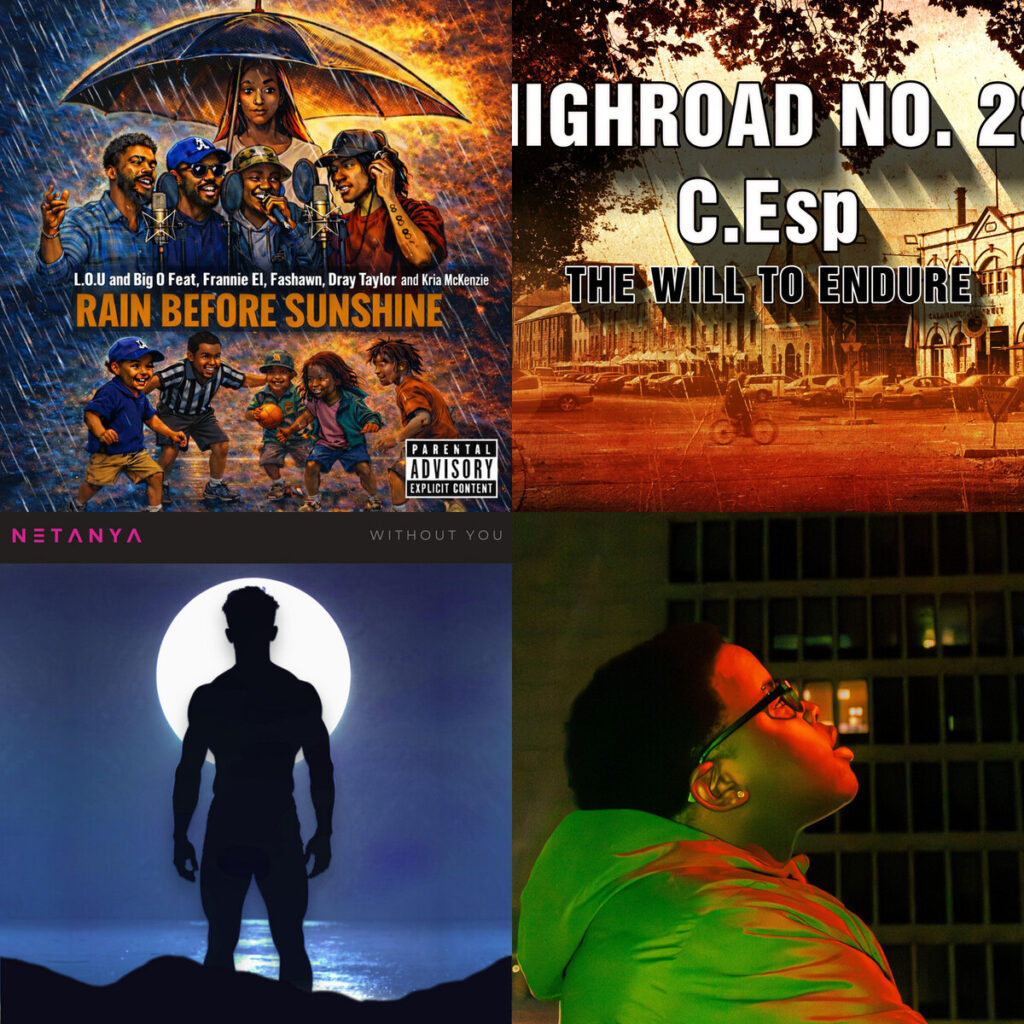 Collage de portadas: L.O.U. – and Big O Rain Before Sunshine; Highroad – No. 28 C.Esp_; netanya – It Aint Me; Asiko – 4THAMINUTE