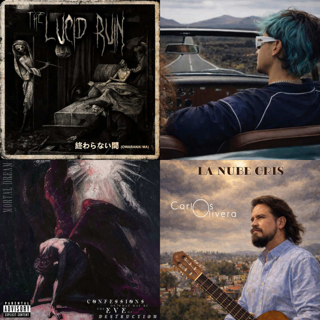 Collage de portadas: The – Lucid RUin 02 The Vanishing Sky 消えゆく空 Kieyuku sora; Pana – Vi El merengue del Italiano; Mortal – Dream Confessions on What May Be the Eve of Destruction; Carlos – Olivera La Nube Gris