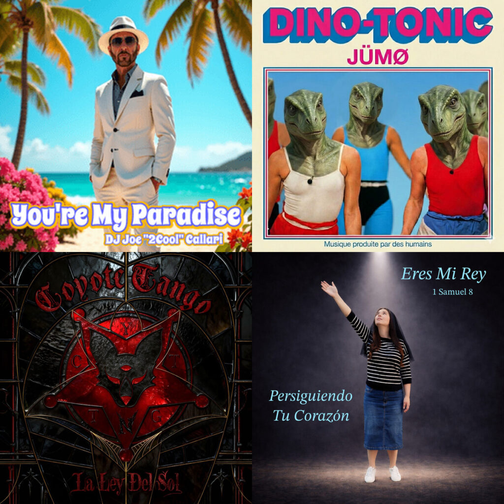 Collage de portadas: DJ – Joe 222Cool22 Callari Youre My Paradise; JUMO – Dino Tonic; COYOTE – TANGO bandidos; Persiguiendo – Tu Corazon Eres Mi Rey