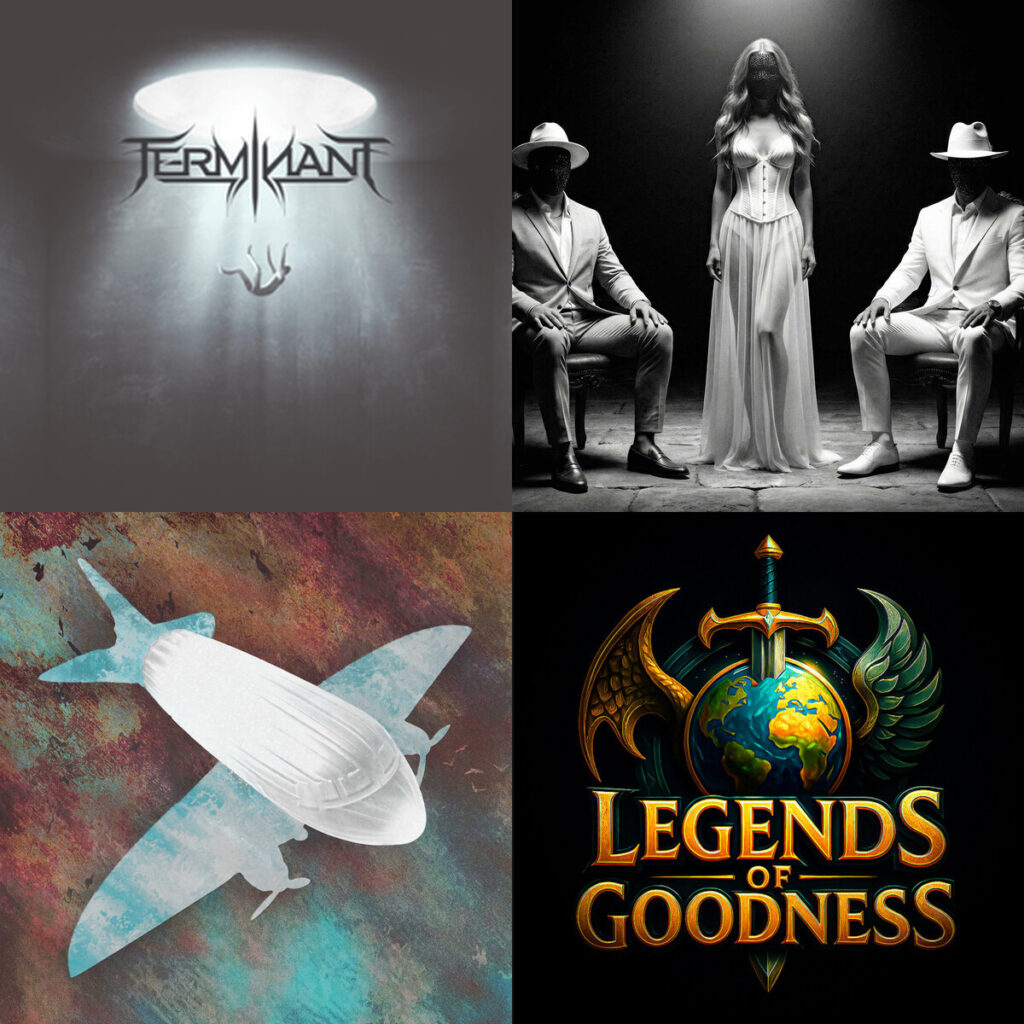 Collage de portadas: Terminant – Unreality of Reality; St. – art make love; Evil – Twin kudzu; Legends – of Goodness White World Legends of Goodness Game Music