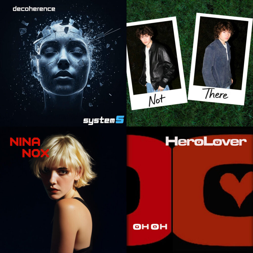 Collage de portadas: system5 – decoherence; Rocco – Frankie Not There; NINA – NOX I AM NINA NOX; HeroLover – Oh Oh