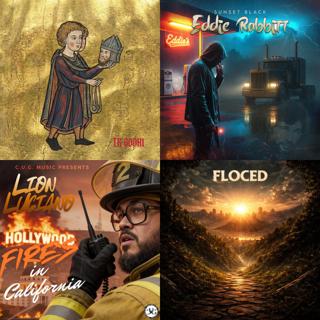 Collage de portadas: TK – BODHI DAVID; Sunset – Black Eddie Rabbitt; Lion – Luciano Fires in California; Floced – Supersonic Suicide