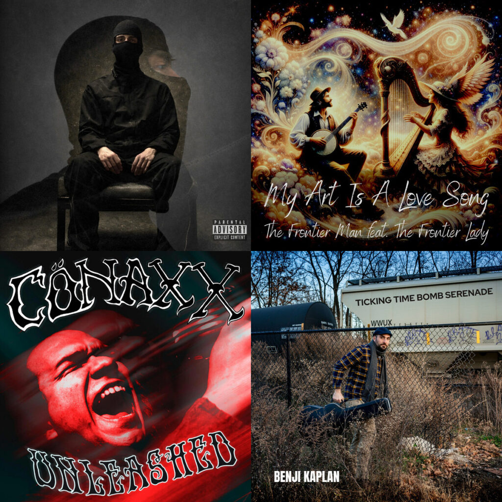 Collage de portadas: Superztrella – Dale Dale; The – Frontier Man x The Frontier Lady My Art Is A Love Song; Conaxx – Unleashed; Benji – Kaplan Ticking Time Bomb Serenade