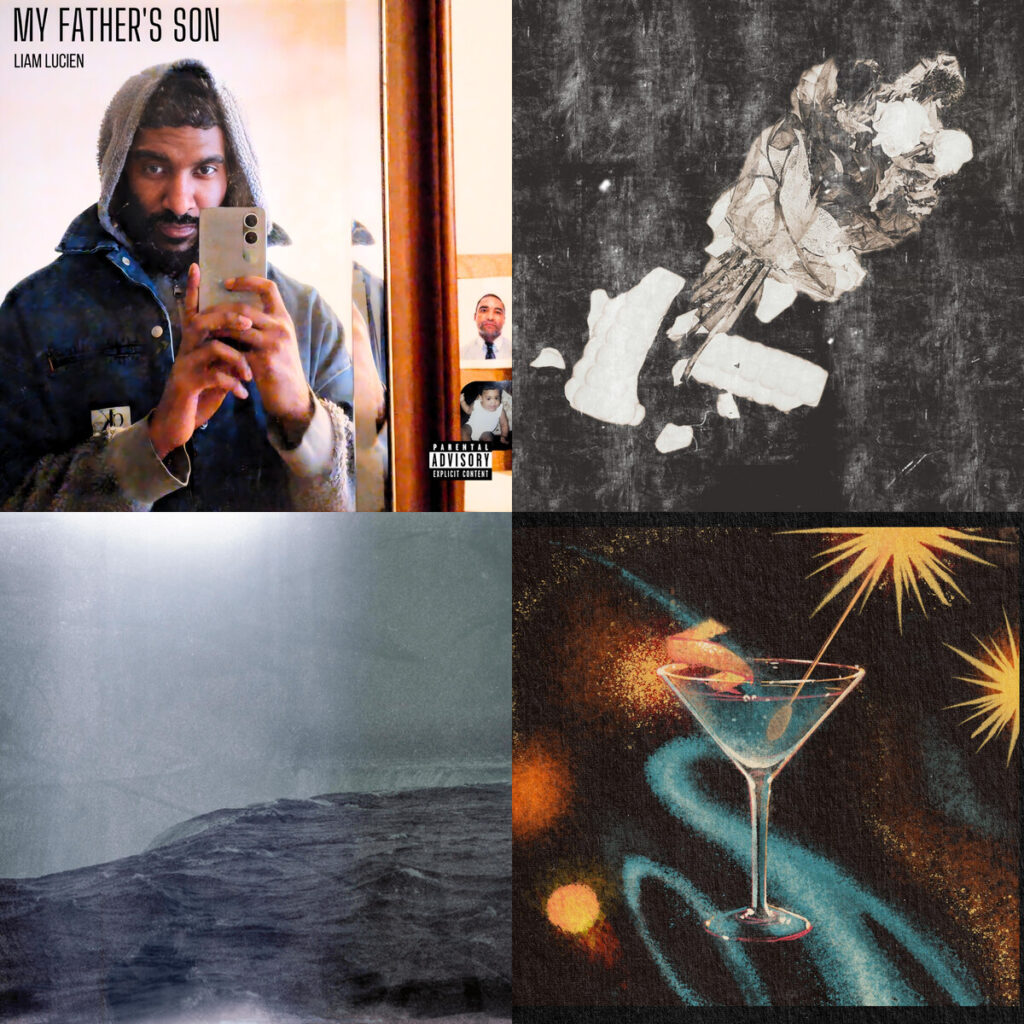 Collage de portadas: Liam – Lucien My Fathers Son feat. QOHA; LA – NAVE Candele; excusemeplease – Fire Ice feat. Wedding Guest; Chris – Roach Bottoms Up Up and Away