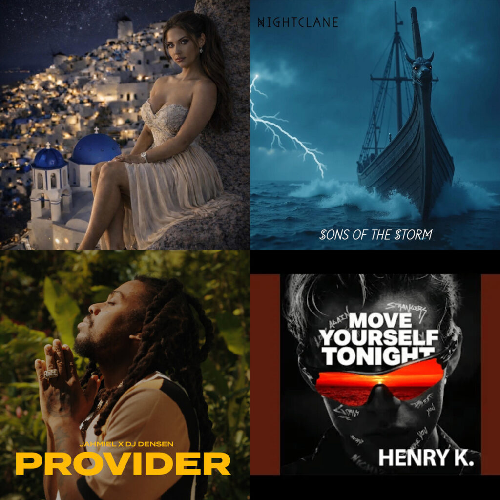 Collage de portadas: The – Real Mack The Knife Santorini Agapi; Nightclane – Sons of the Storm; Jahmiel – x DJ Densen Provider; Henry – K. Move Yourself Tonight