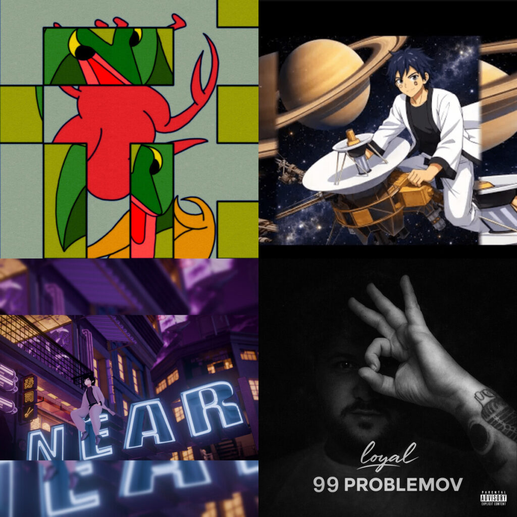 Collage de portadas: Scribble – Scoundrel No Word for Nature; Near – Voyager14 prod.xicoPino; Near – Soy tan malo _c; Loyal44 – Loyal 99 Problemov