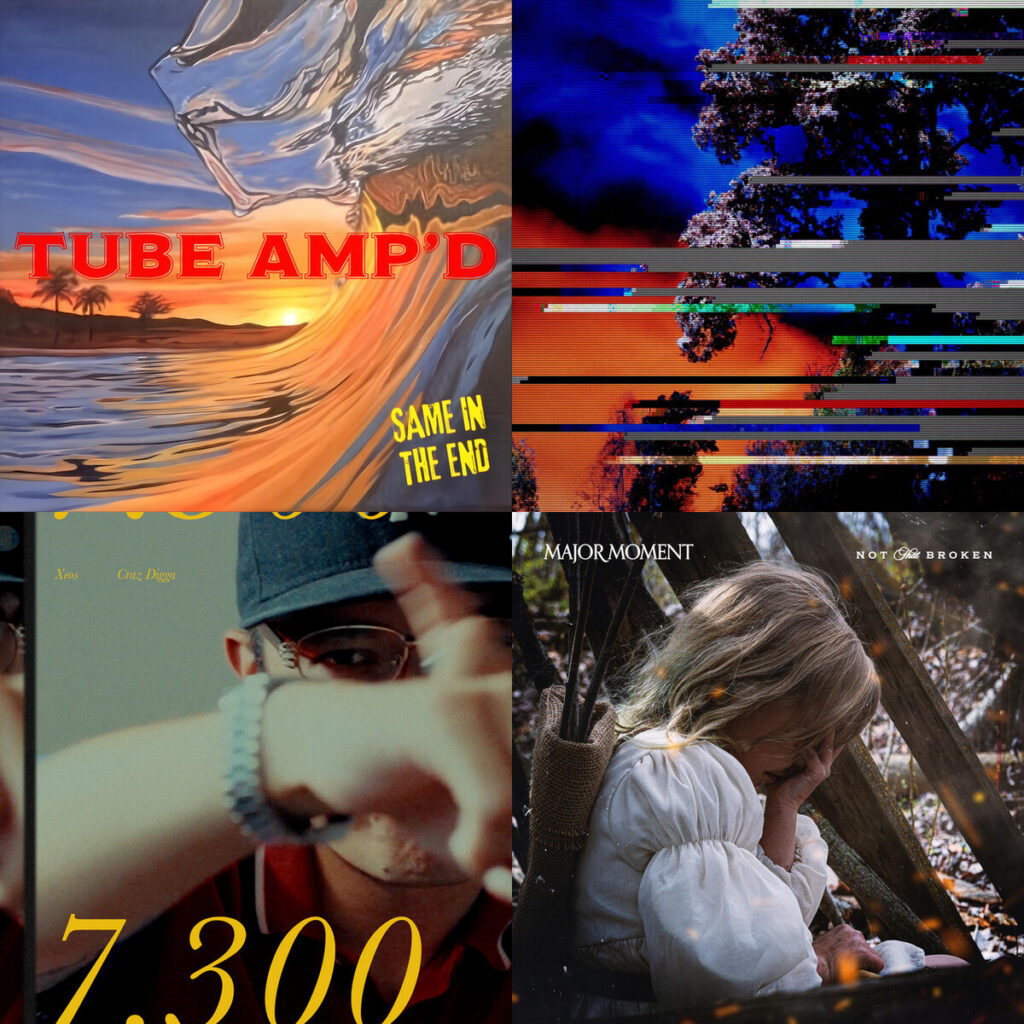 Collage de portadas: TUBE – AMPD Same In The End; Supermarket – Parking Lot Forest Fires; xeos – 7.300; Major – Moment Not That Broken