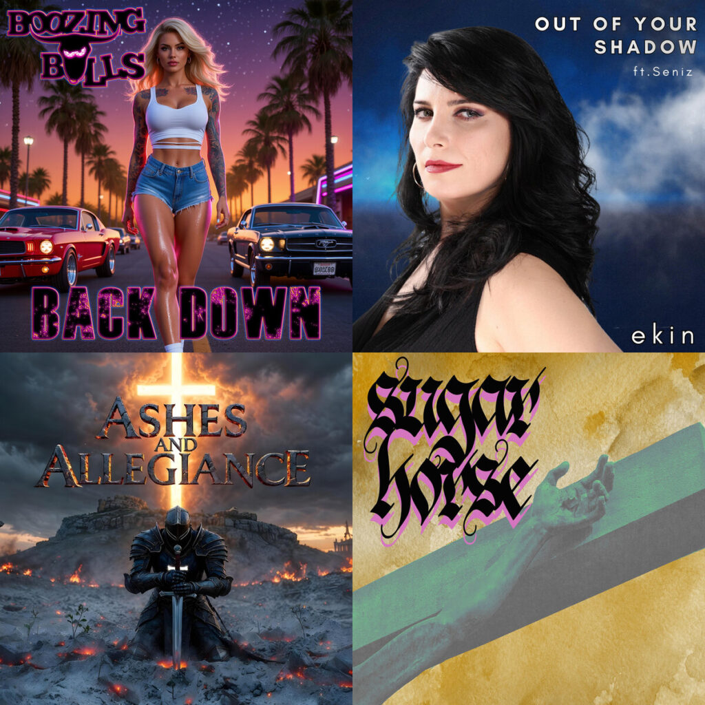 Collage de portadas: Boozing – Bulls Back Down; Ekin – x Seniz Out of Your Shadow; Truth – Light Triumph on the Hill of Abominations; Sugar – Horse Ex Human Shield