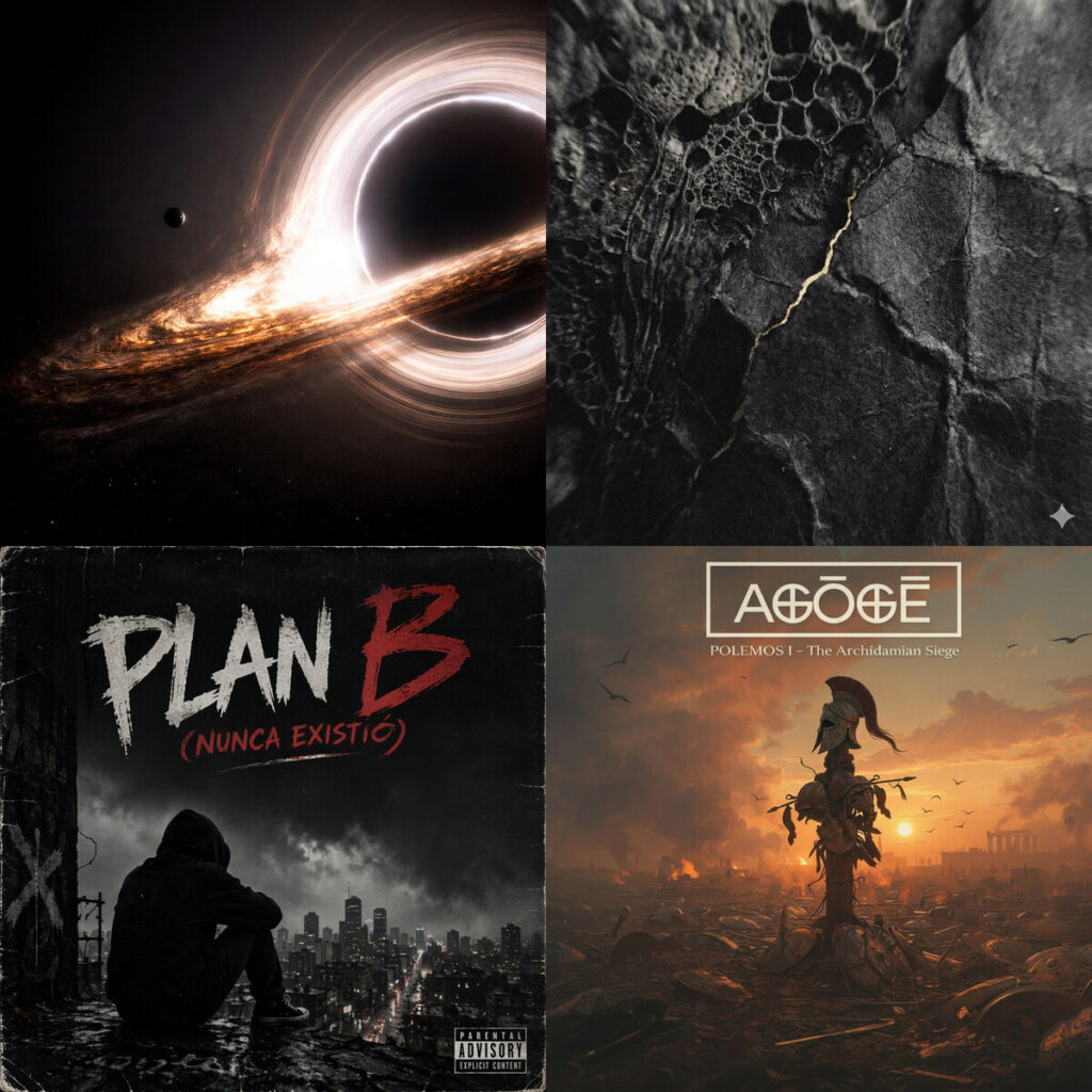 Collage de portadas: 조군 – 영원히 채워지지 않는.Forever Unsated; PointOfBasalt – Somatic Archive; Sinfraith – El Funeral Nadie Supo Quien Fui; Agoge – Pylos_ The Bronze Shield