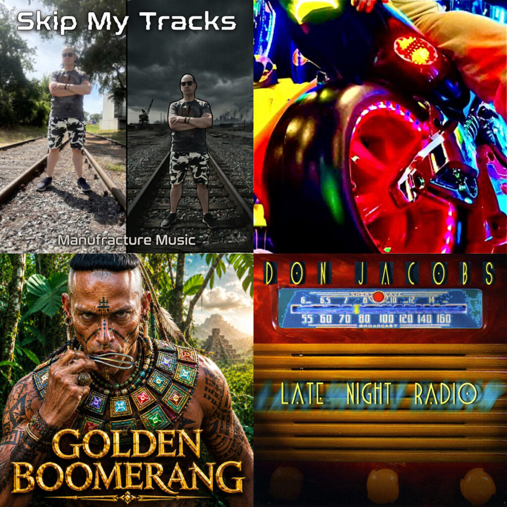 Collage de portadas: Manufracture – Music Skip My Tracks; Bleep – Test Eyes Wide Open; Golden – Boomerang. Wild Tribal Trance; Don – Jacobs Late Night Radio
