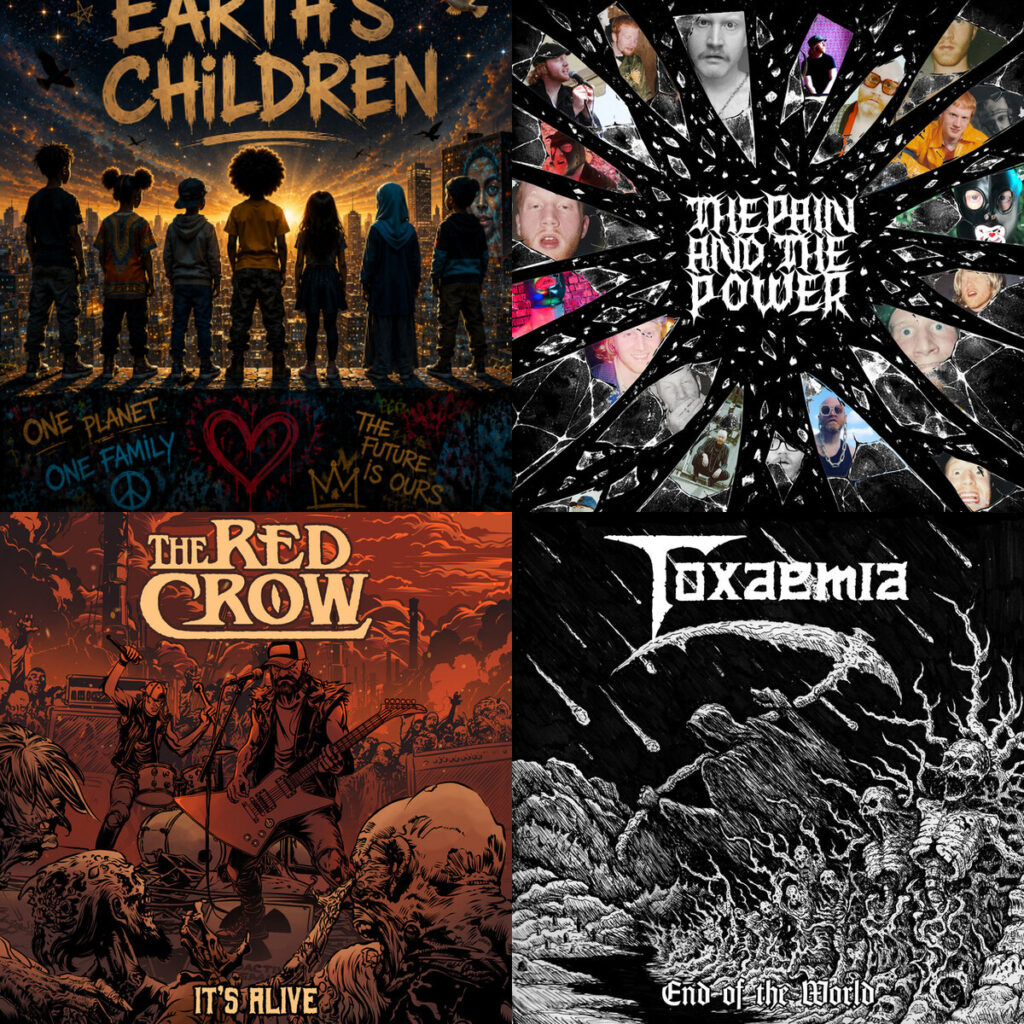 Collage de portadas: Metaphysical – Earths Children by METAPHYSICAL; Logan – Lynn The Cocaine Scene; The – Red Crow Haunted Eyes Live; Toxaemia – End of the World