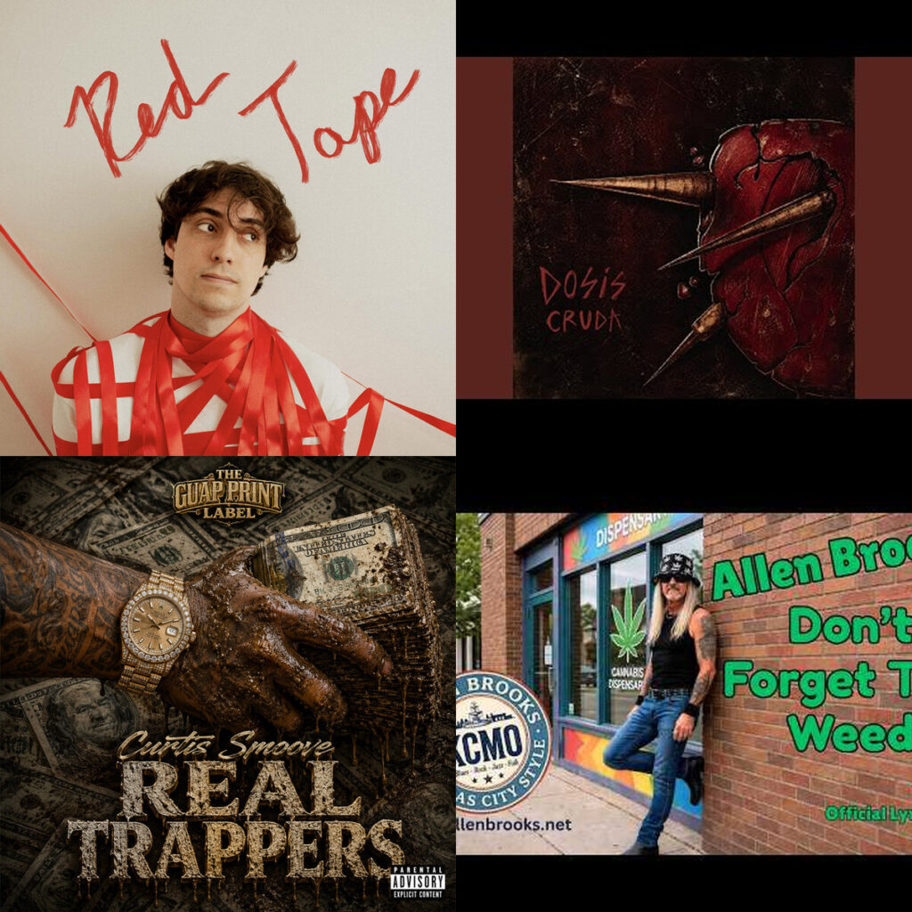 Collage de portadas: Solar – Bloom Red Tape; Dosis – cruda Como un tonto al infierno; Curtis – Smoove Real Trappers; Allen – Brooks Dont Forget The Weed