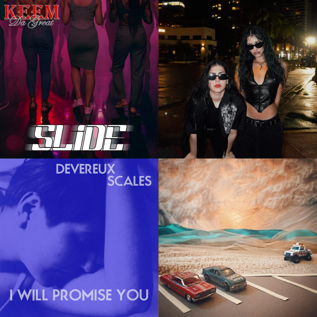 Collage de portadas: Keem – Da Great Slide; ELAZ – BURN HURT; Devereux – Scales I Will Promise You; dB – Smith x Danke Getaway